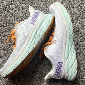 Hoka Women's Clifton 8 White and Orange Running Shoes Size 7.5